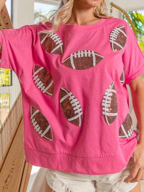 Casual Summer Sequined Rugby Round Neck Pullover T-Shirt Short Sleeve Top - Rose / S