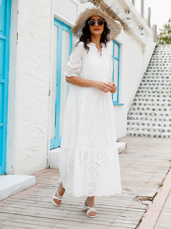 Casual sweet V-neck printed bearded short-sleeved mid-length dress for women - White / S