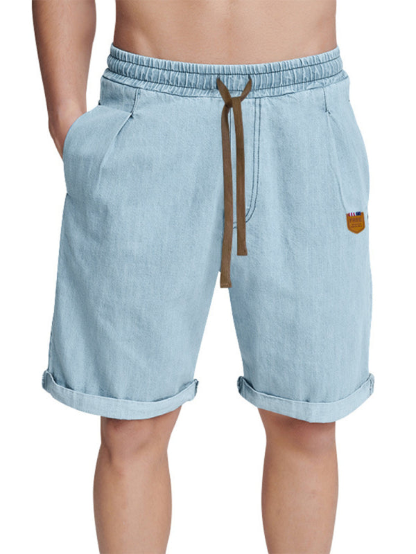 Casual three-quarter pants solid color shorts loose high-waisted rope breathable shorts - Clear blue / S