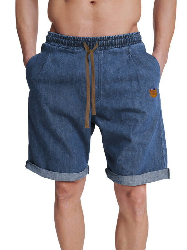 Casual three-quarter pants solid color shorts loose high-waisted rope breathable shorts - Denim Blue / S