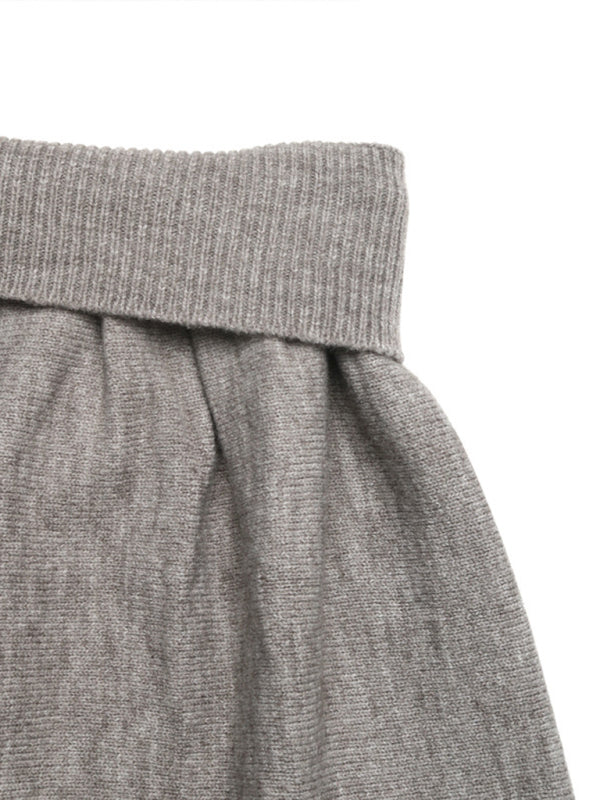 Gray knit skirt with elastic waistband from Casual V-neck short belly-exposed knitted sleeveless vest two-piece set
