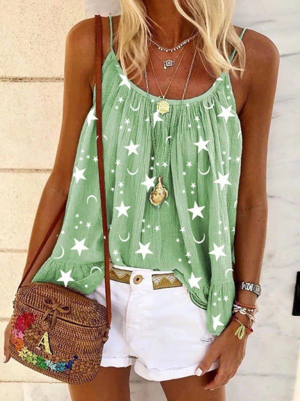 Casual V-neck star print vest camisole top - Green / S
