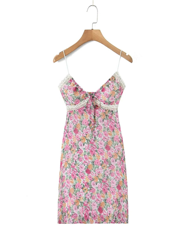 Casual vacation hottie sexy lace suspender print dress - Pink / S