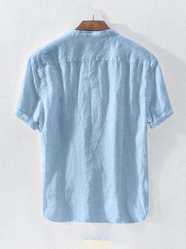 Casual Woven Mandarin Collar Men’s Shirt - Blue / S