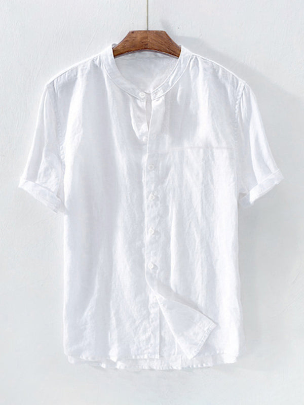 Casual Woven Mandarin Collar Men’s Shirt - White / S