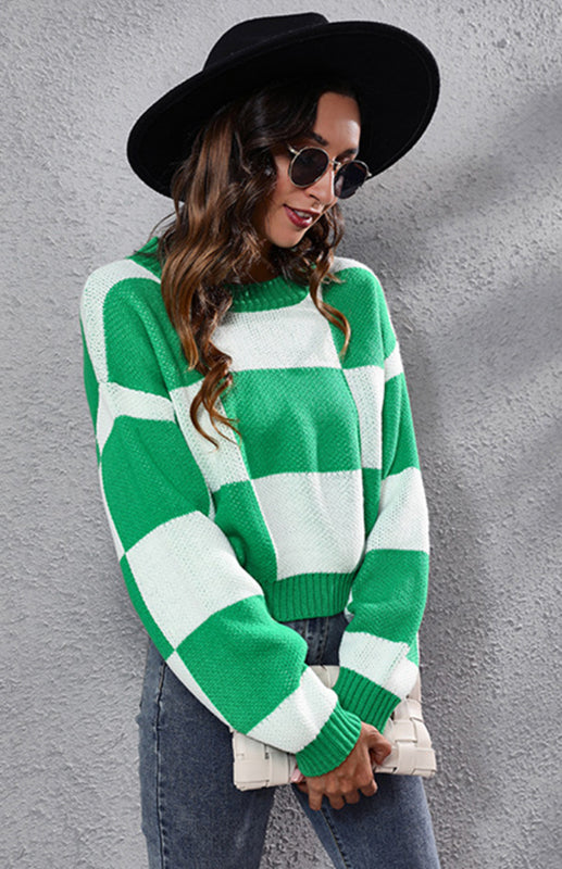 Checkerboard Long Sleeve Short Loose Knit Sweater - Green / S