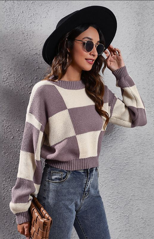 Checkerboard Long Sleeve Short Loose Knit Sweater - Purple / S