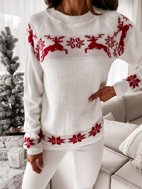 Christmas casual elk partial jacquard women’s knitted long-sleeved top - White / S