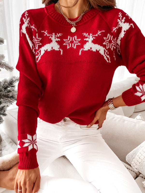 Christmas casual elk partial jacquard women’s knitted long-sleeved top - Red / S