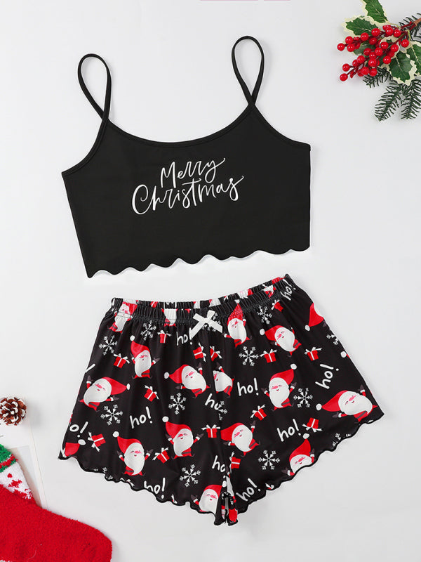 Christmas letter elk Christmas hat print sleeveless shorts simple casual two-piece home clothes - Pattern2 / S