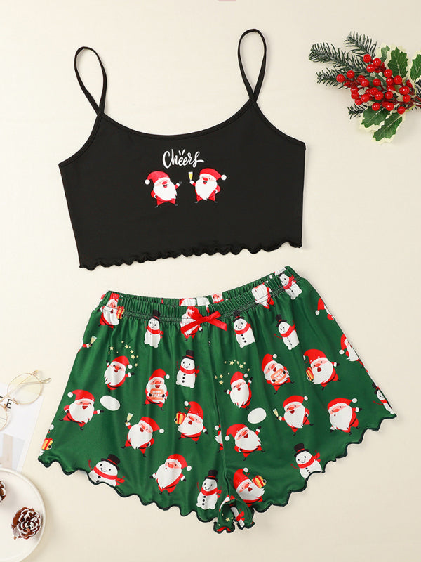 Christmas letter elk Christmas hat print sleeveless shorts simple casual two-piece home clothes - Pattern3 / S