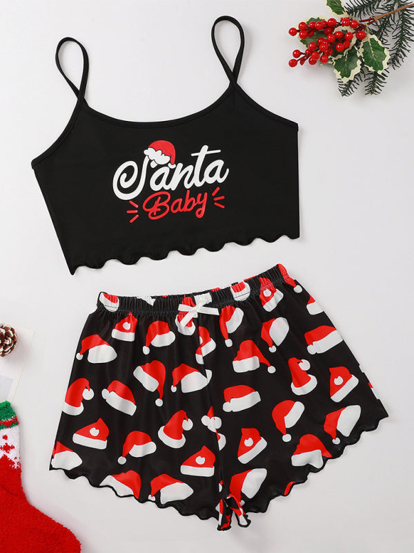 Christmas letter elk Christmas hat print sleeveless shorts simple casual two-piece home clothes - Pattern1 / S