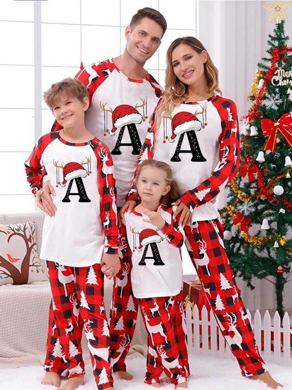 Christmas Parent-Child Pajama Set Santa Hat Alphabet Printed Loungewear (A-Z letters are optional) - Red / S
