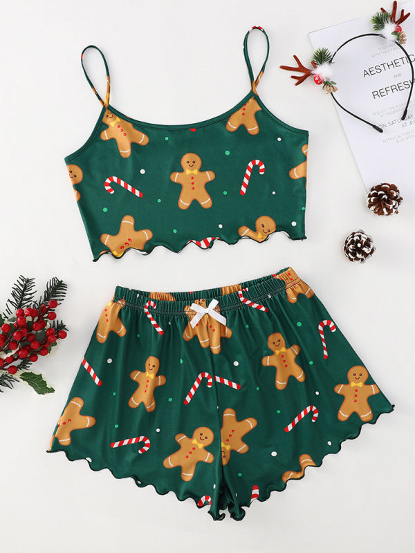 Christmas print sleeveless shorts simple and casual two-piece home wear - Green / S