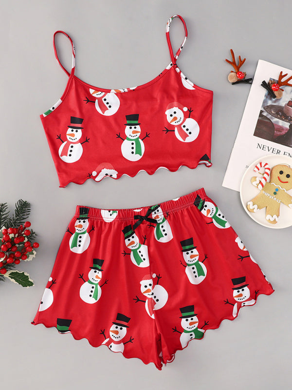 Christmas print sleeveless shorts simple and casual two-piece home wear - Red / S