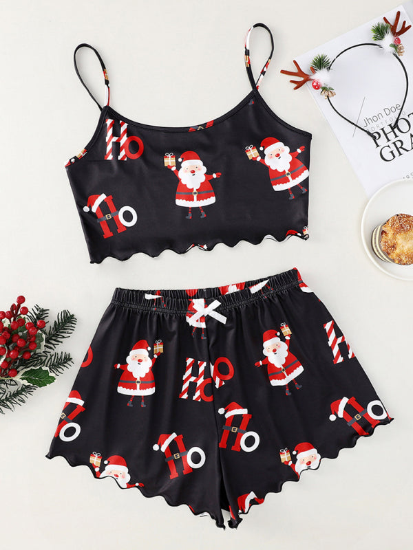 Christmas print sleeveless shorts simple and casual two-piece home wear - Pattern1 / S
