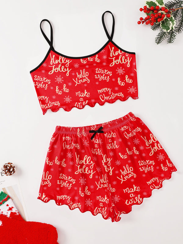 Christmas print sleeveless shorts simple and casual two-piece home wear - Pattern2 / S