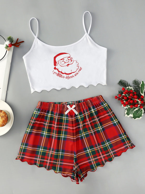 Christmas Santa Claus Elk Print Sleeveless Shorts Simple Casual Two-piece Home Clothes - Pattern3 / S