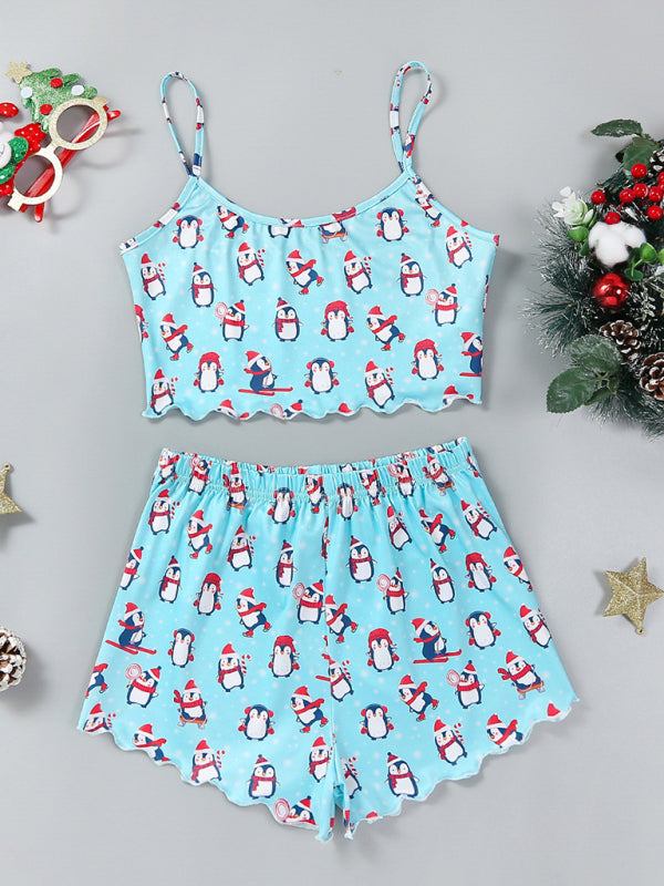 Christmas Santa Claus Elk Print Sleeveless Shorts Simple Casual Two-piece Home Clothes - Pattern2 / S