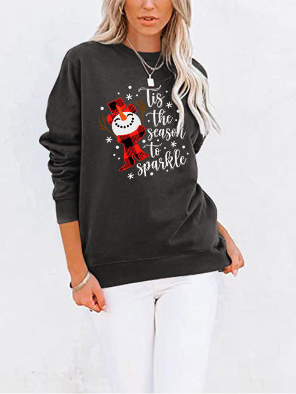 Christmas Snowman Crew Neck Pocket Bat Long Sleeve Top - Charcoal grey / M