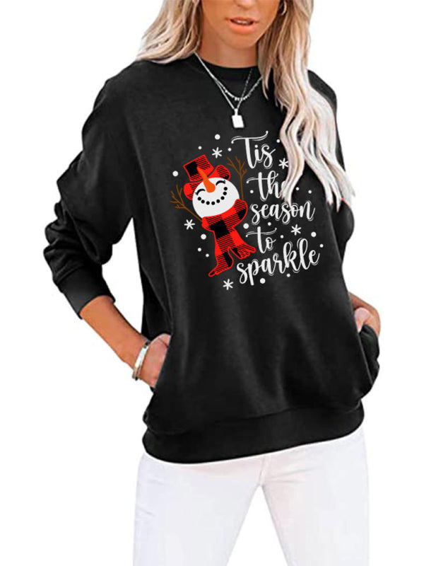 Christmas Snowman Crew Neck Pocket Bat Long Sleeve Top - Pattern / S