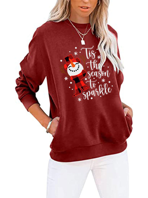 Christmas Snowman Crew Neck Pocket Bat Long Sleeve Top - Pattern1 / S