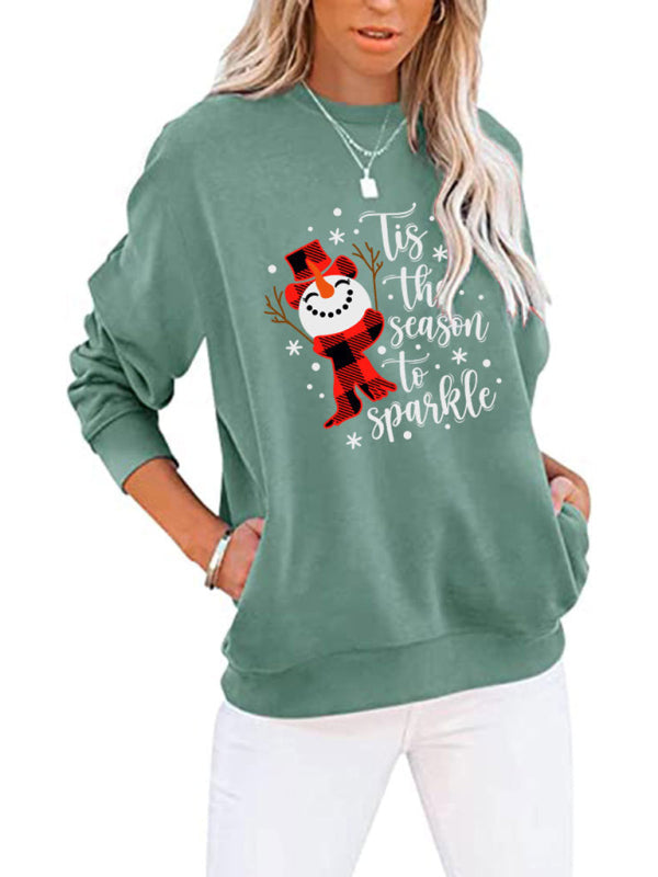Christmas Snowman Crew Neck Pocket Bat Long Sleeve Top - Pattern2 / S