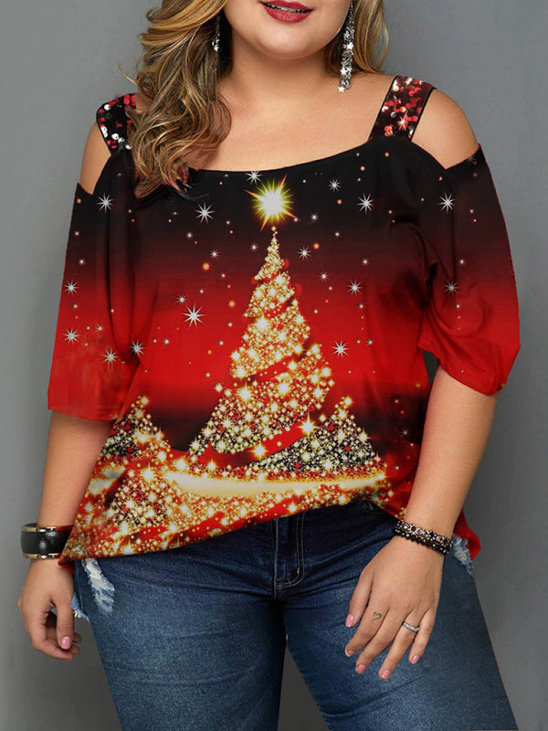 Christmas tree print off-shoulder loose short-sleeved plus size T-shirt top - Pattern2 / L