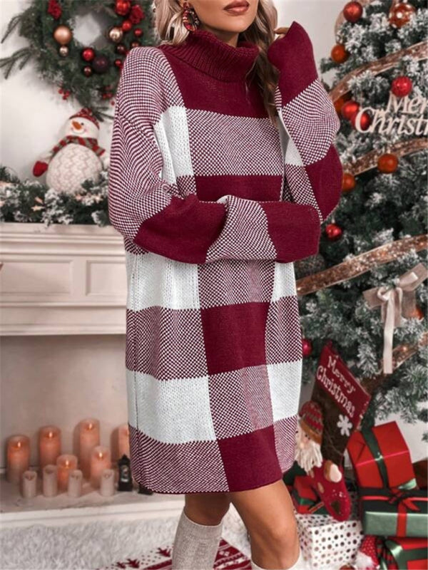 Red and white checkered sweater dress with Christmas turtleneck loose slimming fit