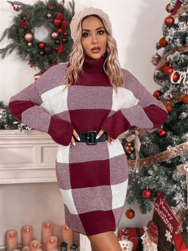 Christmas turtleneck loose sweater dress with burgundy and white plaid pattern