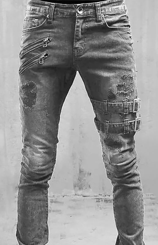 Classic Men’s Cotton Blend Solid Denim Jeans with Slant Pockets - Grey / S