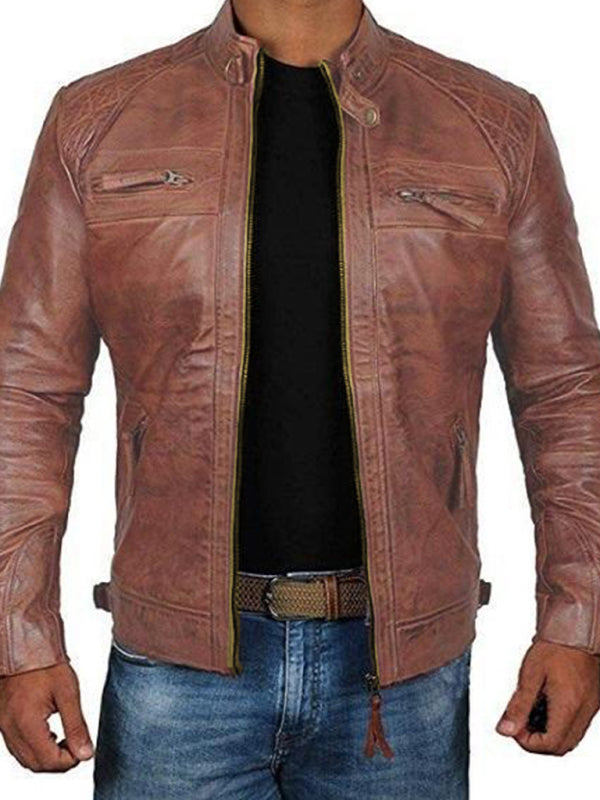 Classic Men’s Polyester Woven Jacket with Straight Pockets - Brown / M