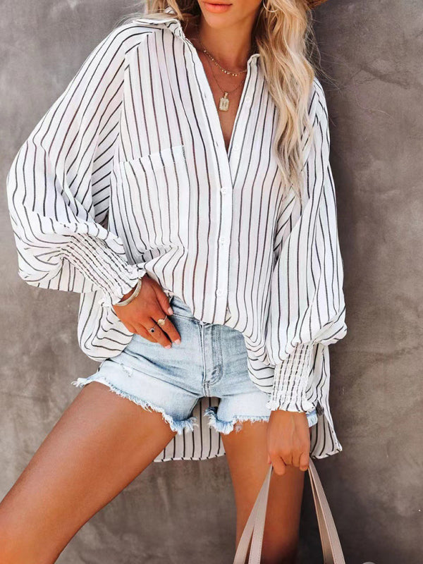 Collar shirt thin medium long stripe casual long sleeve shirt - Black and white stripes / S