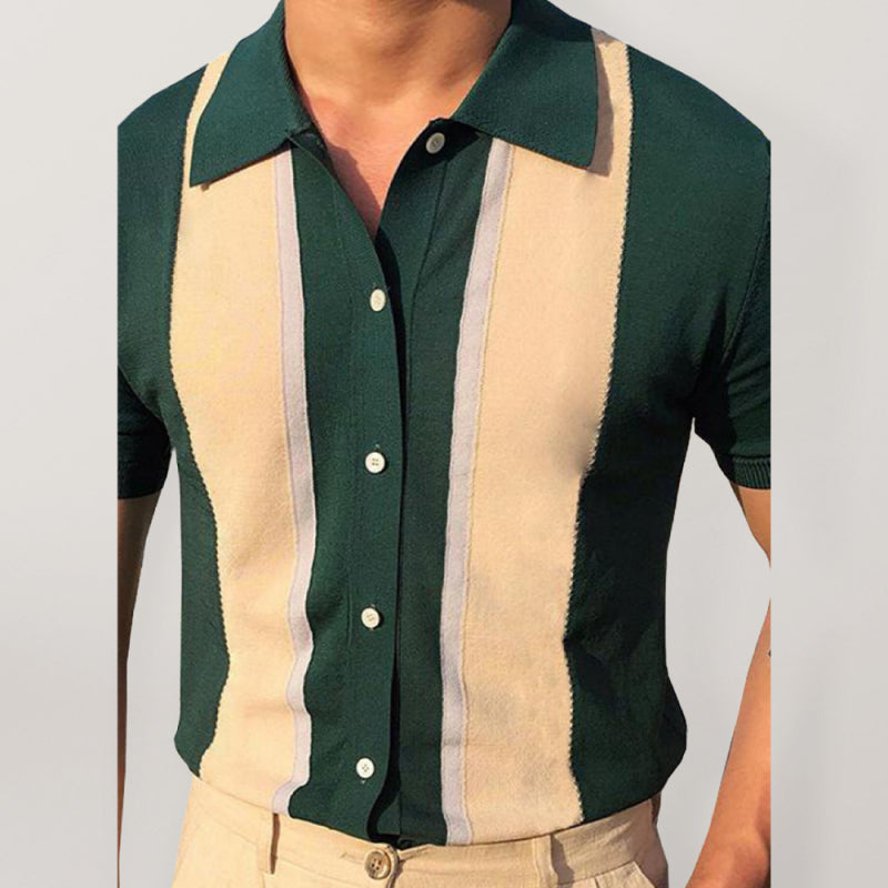 Collision T-Shirt Single-Breasted Cardigan Knitted Short-Sleeved Polo Shirt - Green / S