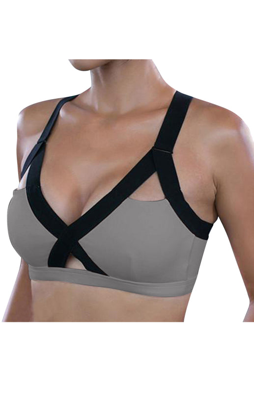 Color Contrast Sexy Cross Elastic Sports Bra - Grey / S