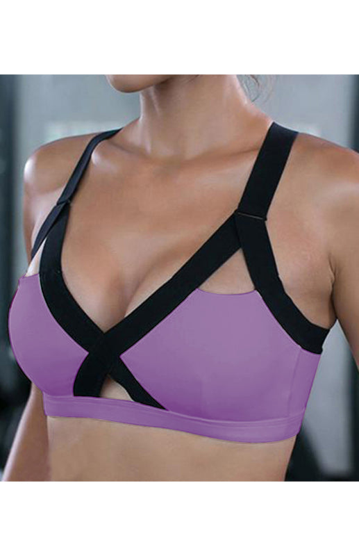Color Contrast Sexy Cross Elastic Sports Bra - Lavender / S