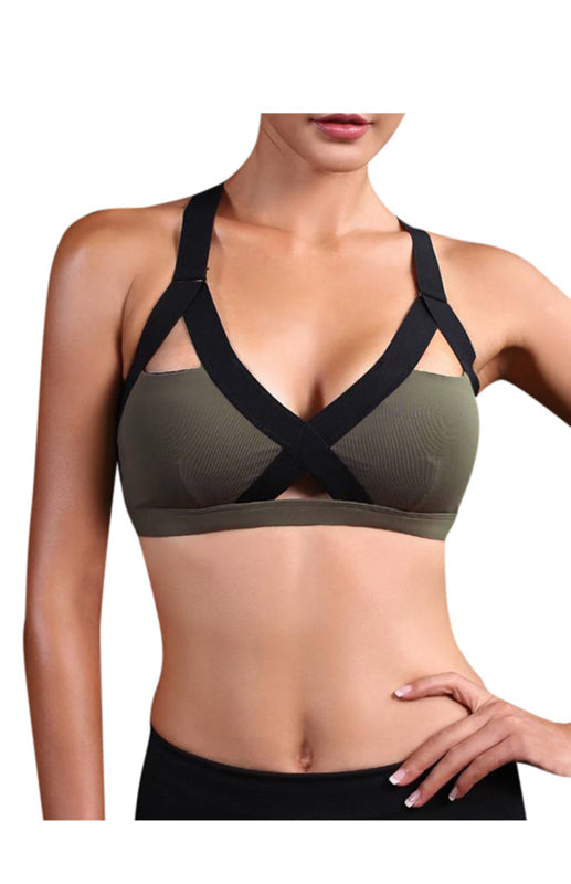 Color Contrast Sexy Cross Elastic Sports Bra - Olive green / S