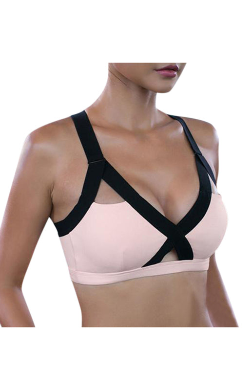 Color Contrast Sexy Cross Elastic Sports Bra - Pink / S