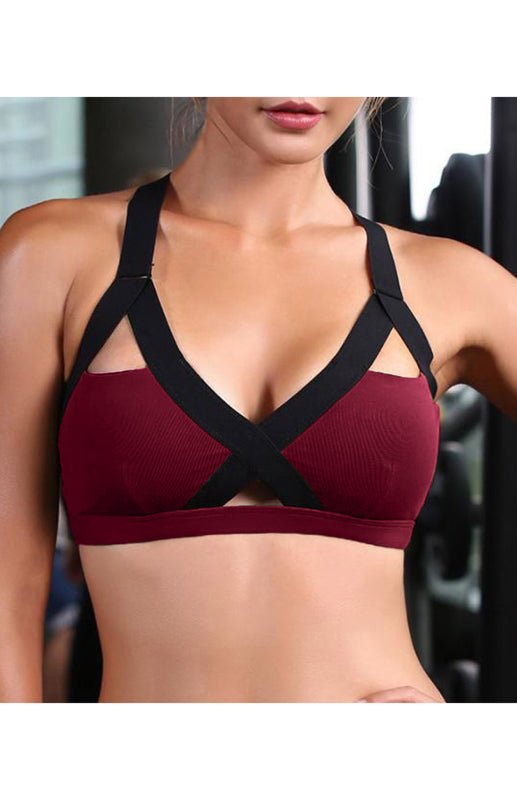 Color Contrast Sexy Cross Elastic Sports Bra - Red / S