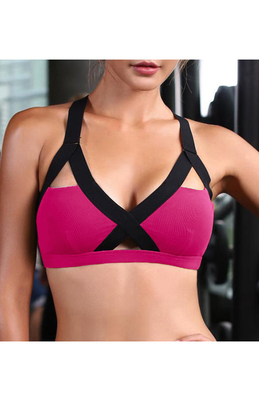 Color Contrast Sexy Cross Elastic Sports Bra - Rose / S