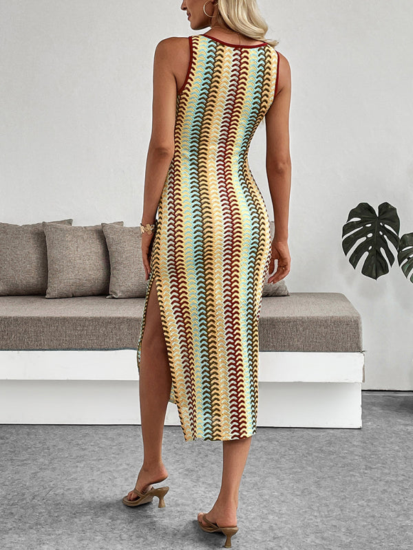 Colorful striped crochet crew neck vest sleeveless slim dress