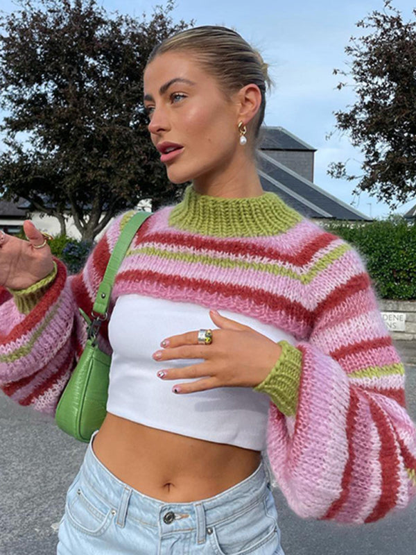 Colorful striped top blouse temperament short long-sleeved knitted sweater - Pink / S