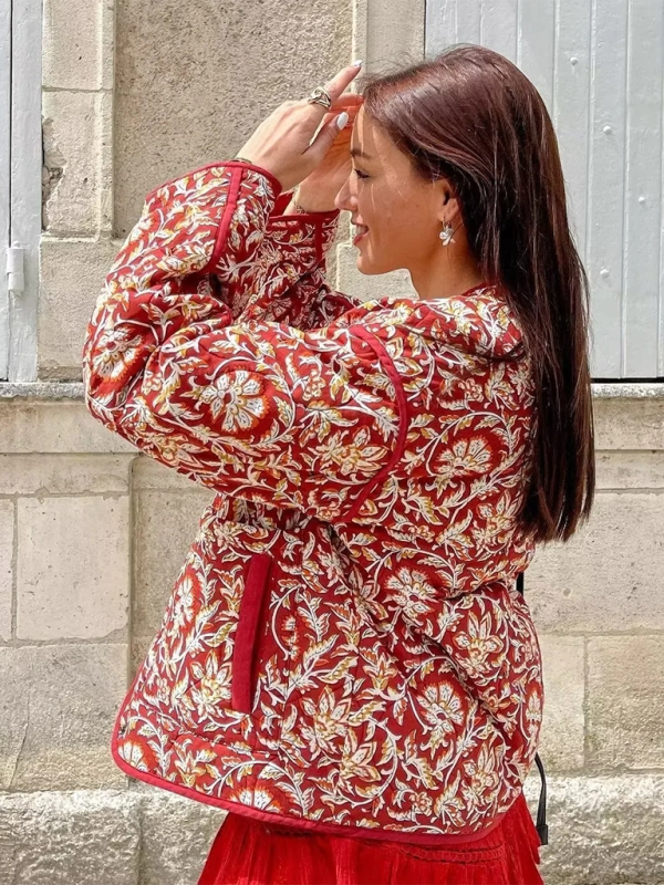 Contrast color casual retro print cotton jacket - Red / S