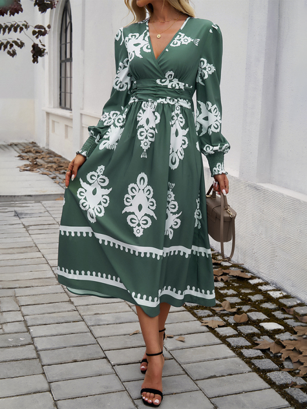 Contrast color print elegant v-neck long sleeve dress - Olive green / S