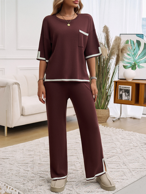 Contrast color short-sleeved trousers and sweater set - Brown / S
