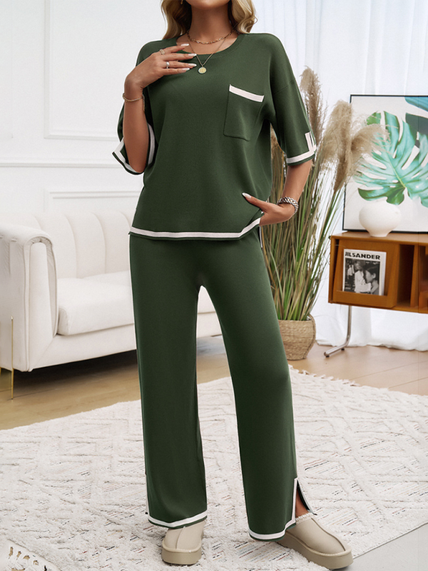 Contrast color short-sleeved trousers and sweater set - Olive green / S