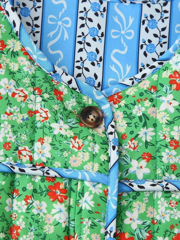 Contrast color stitching small floral cotton jacket