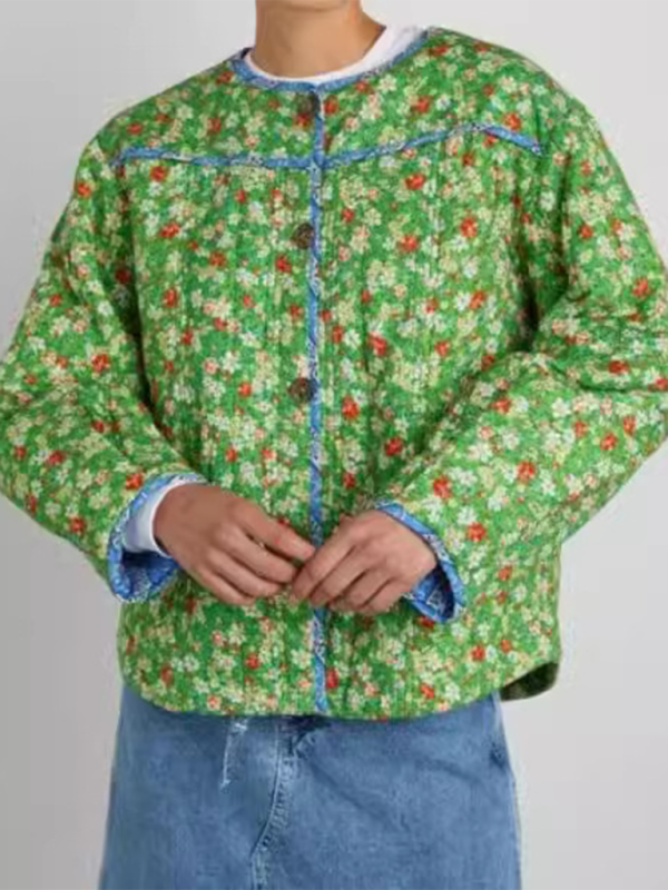 Contrast color stitching small floral cotton jacket - Green / S