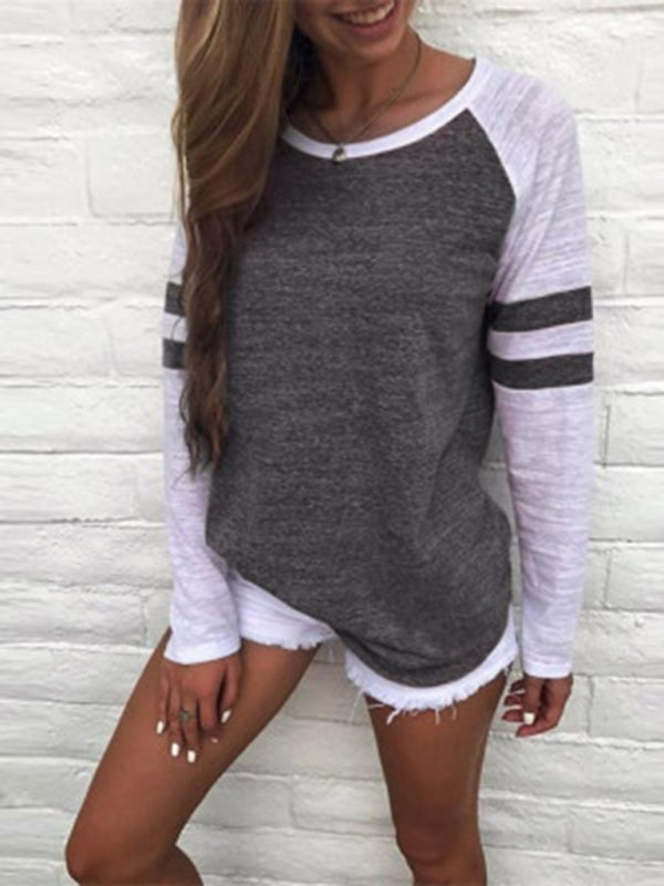 Contrast color stripe stitching long-sleeved T-shirt round neck color block top - Grey / S