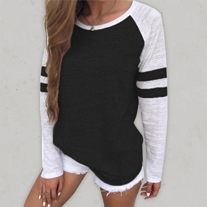 Contrast color stripe stitching long-sleeved T-shirt round neck color block top - Black / S